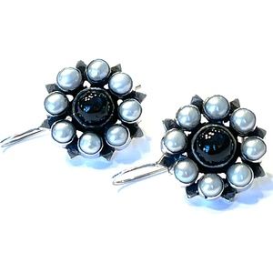 Vintage 925 Sterling, Onyx and Pearl Earrings